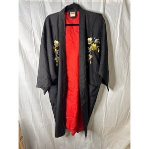 Vintage Embroidered Peacock Kimono Robe Black Red Polyester Made in Japan